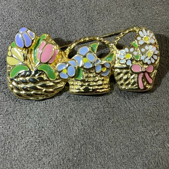 Vintage Jewelry - Vintage SFJ enamel basket with flowers brooch